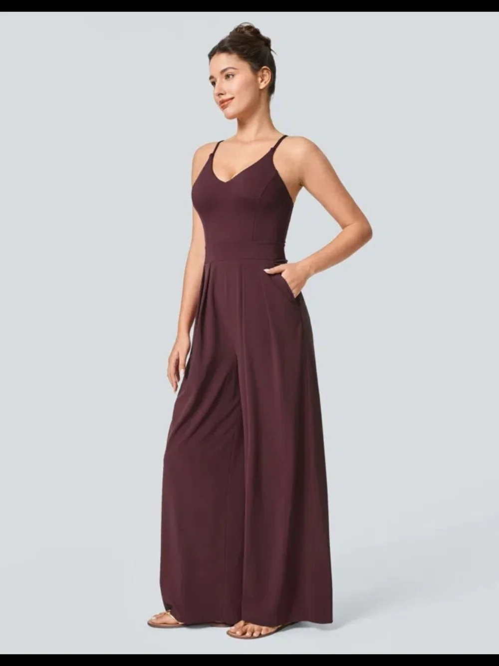 NWT Size Large HALARA Deep Plum V-Neck Wide-Leg Jumpsuit - Picture 4 of 7
